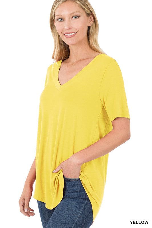 Zenana Rayon V-Neck Hi-Low Hem Tee-The Bee Chic Boutique-Medium-Yellow-[option4]-[option5]-[option6]-[option7]-[option8]-Shop-Boutique-Clothing-for-Women-Online