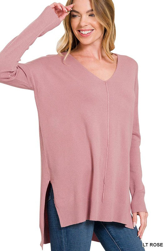 Zenana Hi-Lo Hem V-Neck Center Seam Sweater-ZENANA-LT ROSE-XS-[option4]-[option5]-[option6]-[option7]-[option8]-Shop-Boutique-Clothing-for-Women-Online