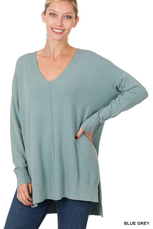 Zenana Hi-Lo Hem V-Neck Center Seam Sweater-ZENANA-BLUE GREY-XS-[option4]-[option5]-[option6]-[option7]-[option8]-Shop-Boutique-Clothing-for-Women-Online