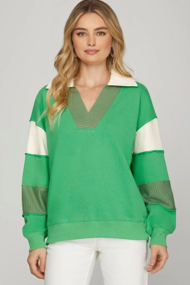 She + Sky Full Size Color Block Sleeve Johnny Collar French Terry Sweatshirt-Sweaters-Trendsi-[option4]-[option5]-[option6]-[option7]-[option8]-Shop-Boutique-Clothing-for-Women-Online
