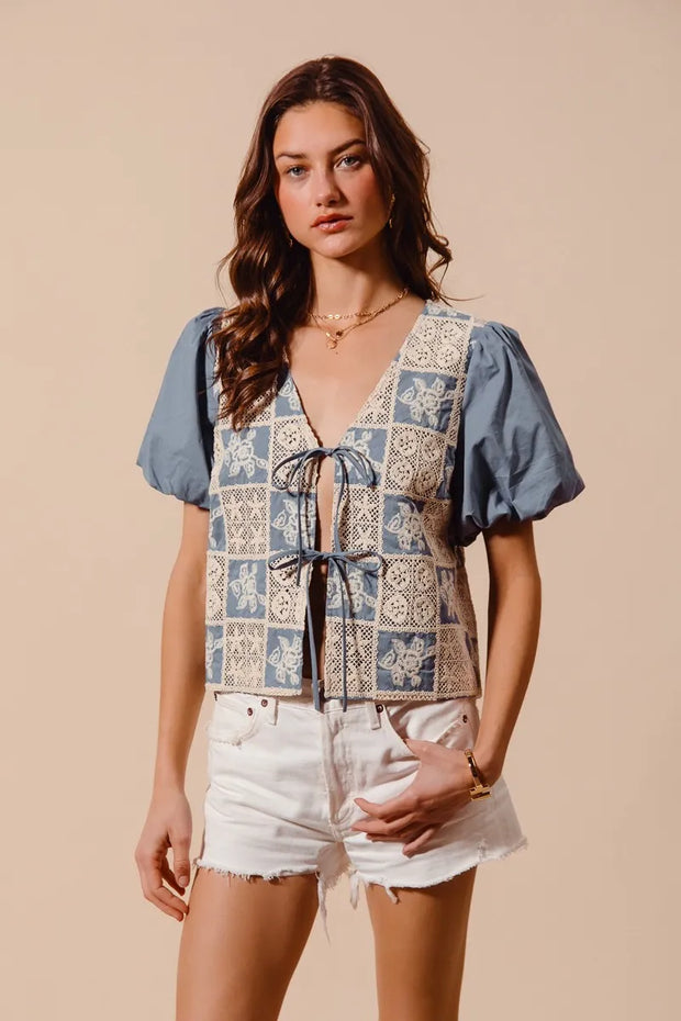 SO ME Crochet Lace Tie Front V Neck Blouse Top-Blouses-Trendsi-[option4]-[option5]-[option6]-[option7]-[option8]-Shop-Boutique-Clothing-for-Women-Online