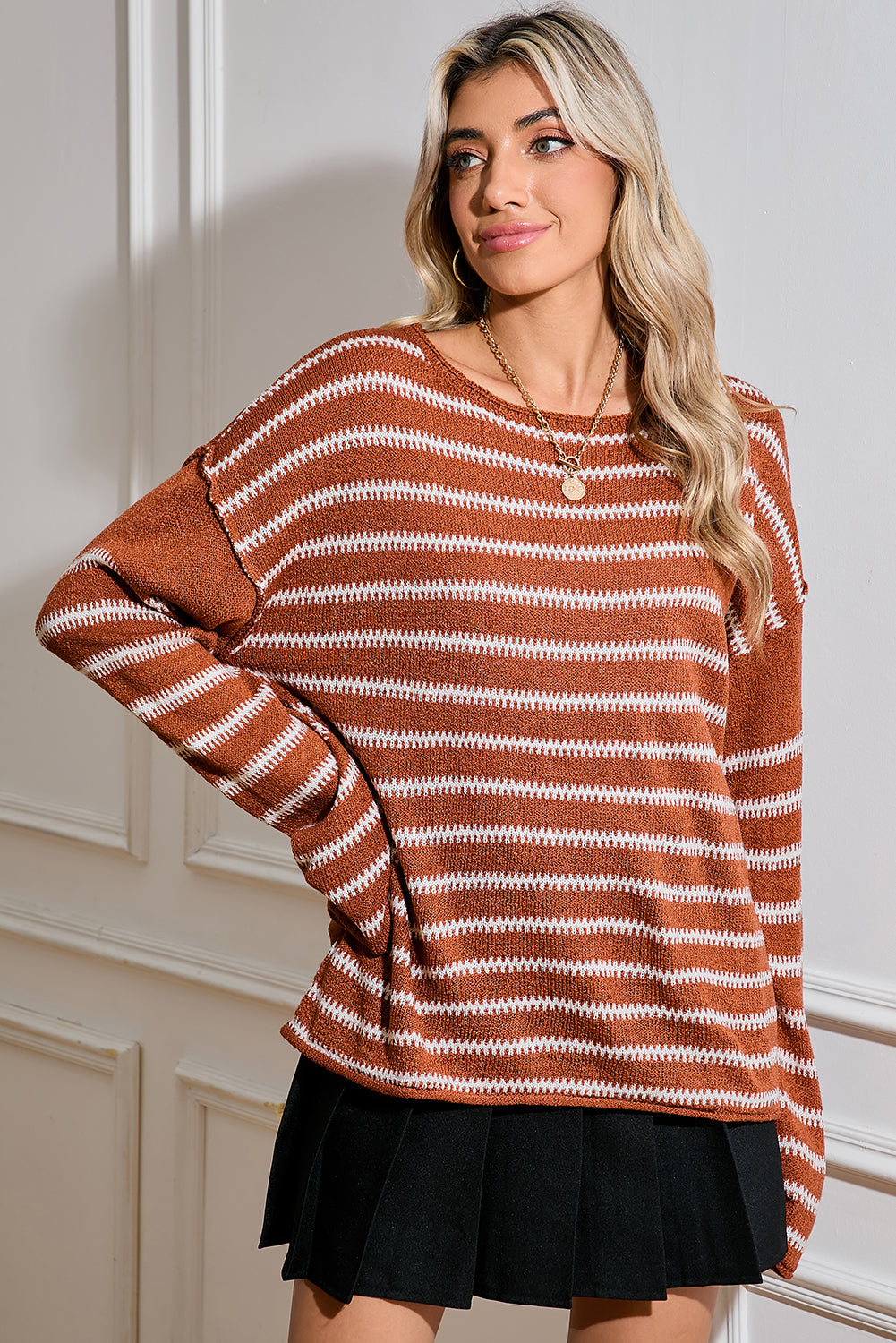 Casual Stripe Round Neck Drop Shoulder Sweater-Sweaters-Shewin-[option4]-[option5]-[option6]-[option7]-[option8]-Shop-Boutique-Clothing-for-Women-Online