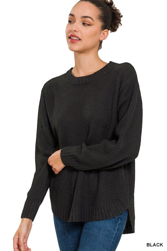 Zenana HI-LO LONG SLEEVE ROUND NECK SWEATER-ZENANA-BLACK-L-[option4]-[option5]-[option6]-[option7]-[option8]-Shop-Boutique-Clothing-for-Women-Online