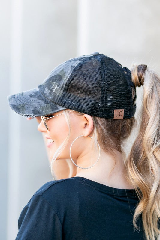 CC Camo Criss-Cross Ponytail Cap-Aili's Corner-Black Camo-OneSize-[option4]-[option5]-[option6]-[option7]-[option8]-Shop-Boutique-Clothing-for-Women-Online