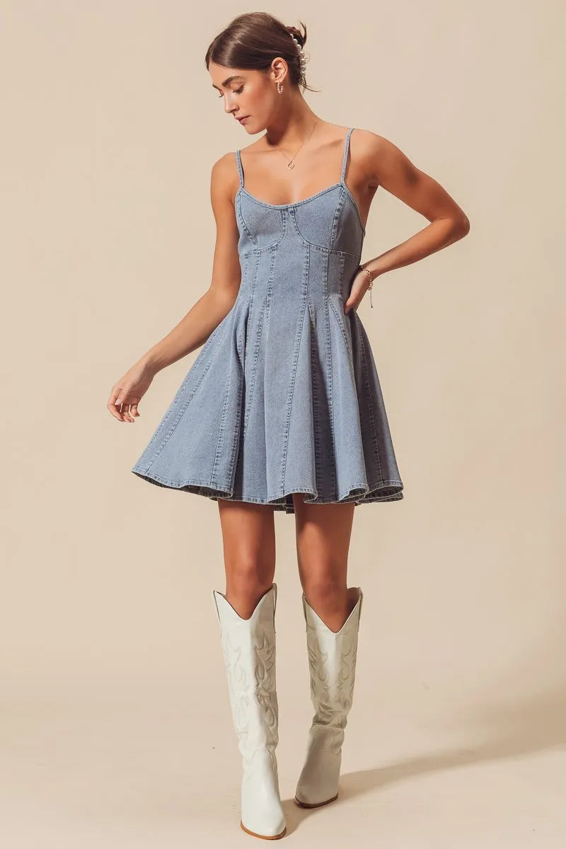 SO ME A Line Fit and Flare Denim Mini Dress-Dresses-Trendsi-[option4]-[option5]-[option6]-[option7]-[option8]-Shop-Boutique-Clothing-for-Women-Online