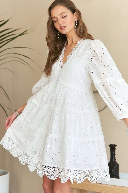 ADORA Lace Detail Tiered Eyelet V-Neck Babydoll Dress-Dresses-Trendsi-[option4]-[option5]-[option6]-[option7]-[option8]-Shop-Boutique-Clothing-for-Women-Online