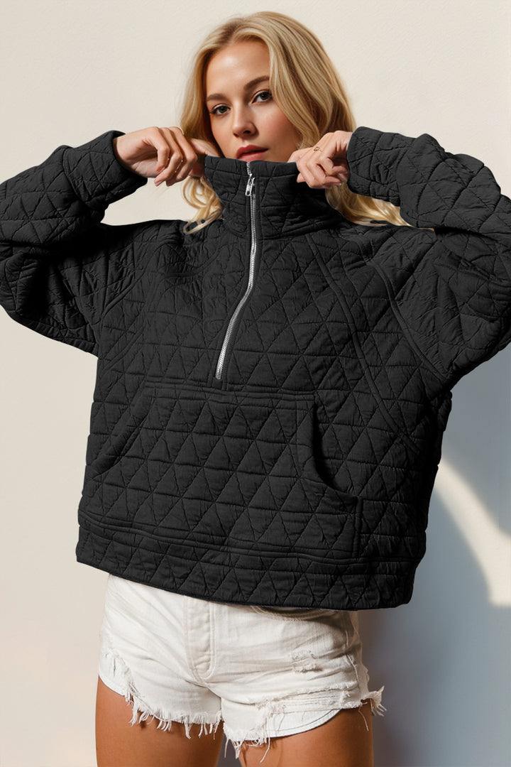 Double Take Half Zip Long Sleeve Quilted Sweatshirt with Pocket-Trendsi-Black-S-[option4]-[option5]-[option6]-[option7]-[option8]-Shop-Boutique-Clothing-for-Women-Online