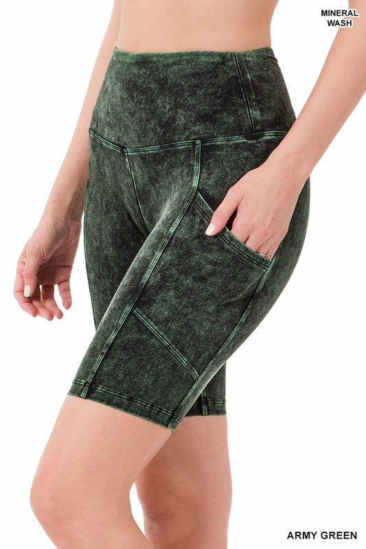 Zenana Mineral Wash Wide Waistband Pocket Biker Shorts-ZENANA-ARMY GREEN-S-[option4]-[option5]-[option6]-[option7]-[option8]-Shop-Boutique-Clothing-for-Women-Online