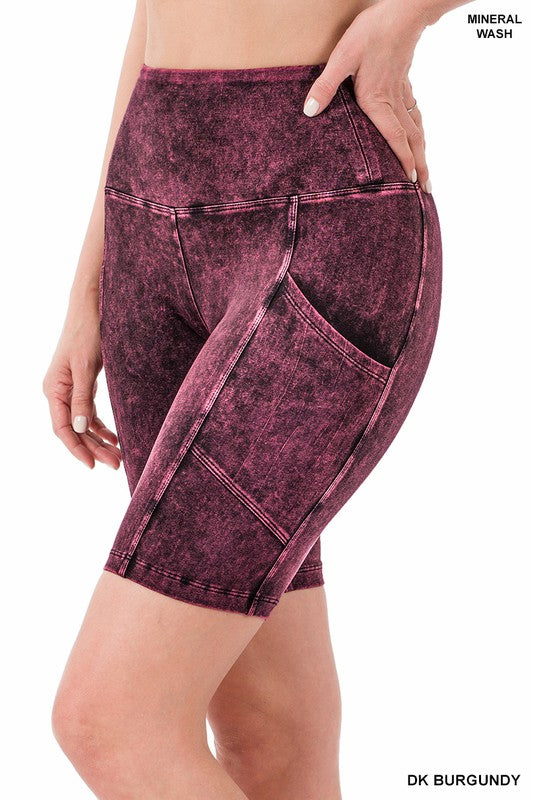 Zenana Mineral Wash Wide Waistband Pocket Biker Shorts-ZENANA-DK BURGUNDY-S-[option4]-[option5]-[option6]-[option7]-[option8]-Shop-Boutique-Clothing-for-Women-Online