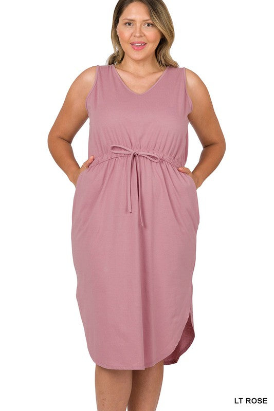 Zenana Plus Poly Cotton Drawstring Waist Curved Hem Dress-ZENANA-LT ROSE-1X-[option4]-[option5]-[option6]-[option7]-[option8]-Shop-Boutique-Clothing-for-Women-Online