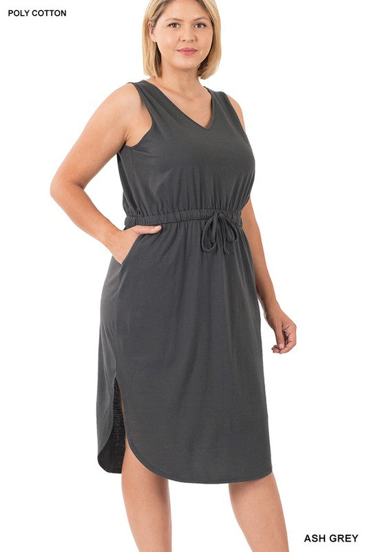 Zenana Plus Poly Cotton Drawstring Waist Curved Hem Dress-ZENANA-ASH GREY-1X-[option4]-[option5]-[option6]-[option7]-[option8]-Shop-Boutique-Clothing-for-Women-Online