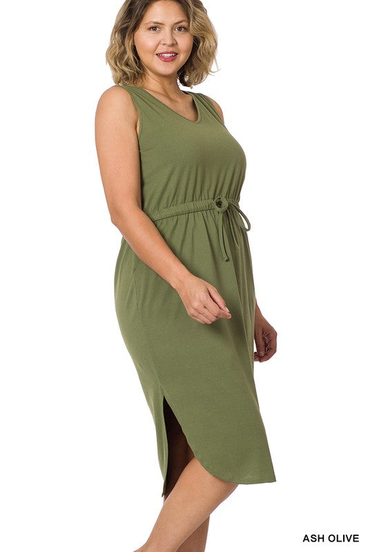Zenana Plus Poly Cotton Drawstring Waist Curved Hem Dress-ZENANA-ASH OLIVE-1X-[option4]-[option5]-[option6]-[option7]-[option8]-Shop-Boutique-Clothing-for-Women-Online