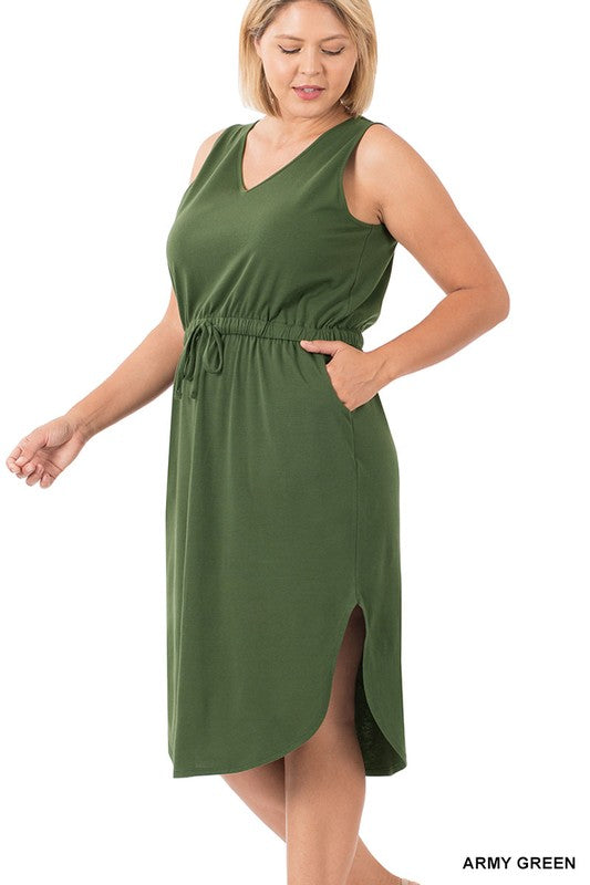 Zenana Plus Poly Cotton Drawstring Waist Curved Hem Dress-ZENANA-ARMY GREEN-1X-[option4]-[option5]-[option6]-[option7]-[option8]-Shop-Boutique-Clothing-for-Women-Online