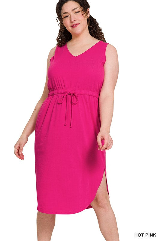 Zenana Plus Poly Cotton Drawstring Waist Curved Hem Dress-ZENANA-HOT PINK-1X-[option4]-[option5]-[option6]-[option7]-[option8]-Shop-Boutique-Clothing-for-Women-Online