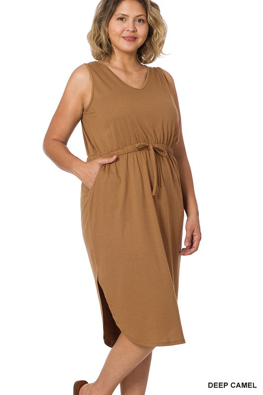 Zenana Plus Poly Cotton Drawstring Waist Curved Hem Dress-ZENANA-[option4]-[option5]-[option6]-[option7]-[option8]-Shop-Boutique-Clothing-for-Women-Online