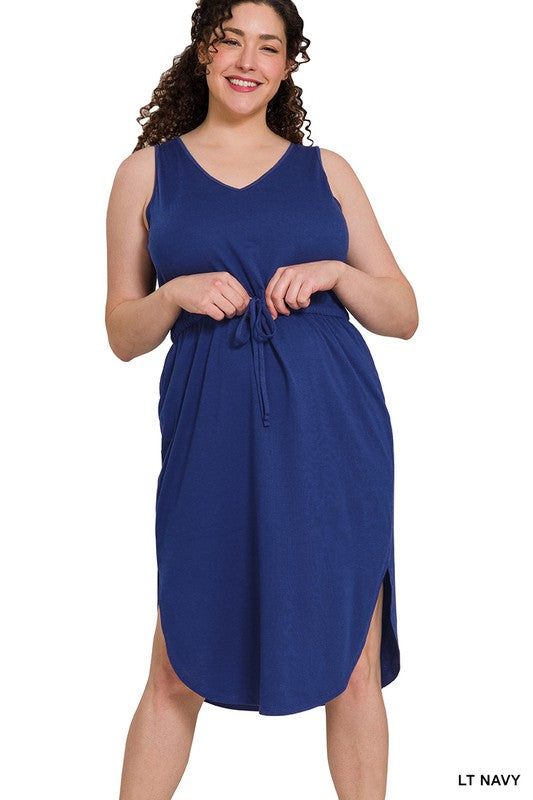 Zenana Plus Poly Cotton Drawstring Waist Curved Hem Dress-ZENANA-LT NAVY-1X-[option4]-[option5]-[option6]-[option7]-[option8]-Shop-Boutique-Clothing-for-Women-Online