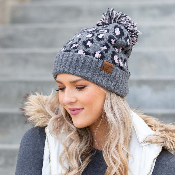 CC Leopard Pom Beanie-Aili's Corner-Lt. Mel Gray-OneSize-[option4]-[option5]-[option6]-[option7]-[option8]-Shop-Boutique-Clothing-for-Women-Online