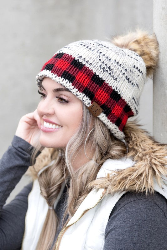 CC Buffalo Pom Beanie-Aili's Corner-Ivory/ Red-OneSize-[option4]-[option5]-[option6]-[option7]-[option8]-Shop-Boutique-Clothing-for-Women-Online