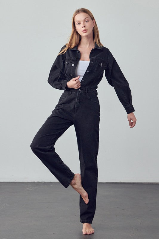 High Waist Flap Pocket Half Button Denim Jumpsuit-Denim Lab USA-[option4]-[option5]-[option6]-[option7]-[option8]-Shop-Boutique-Clothing-for-Women-Online