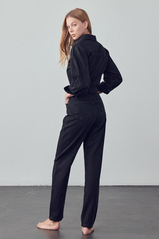 High Waist Flap Pocket Half Button Denim Jumpsuit-Denim Lab USA-[option4]-[option5]-[option6]-[option7]-[option8]-Shop-Boutique-Clothing-for-Women-Online