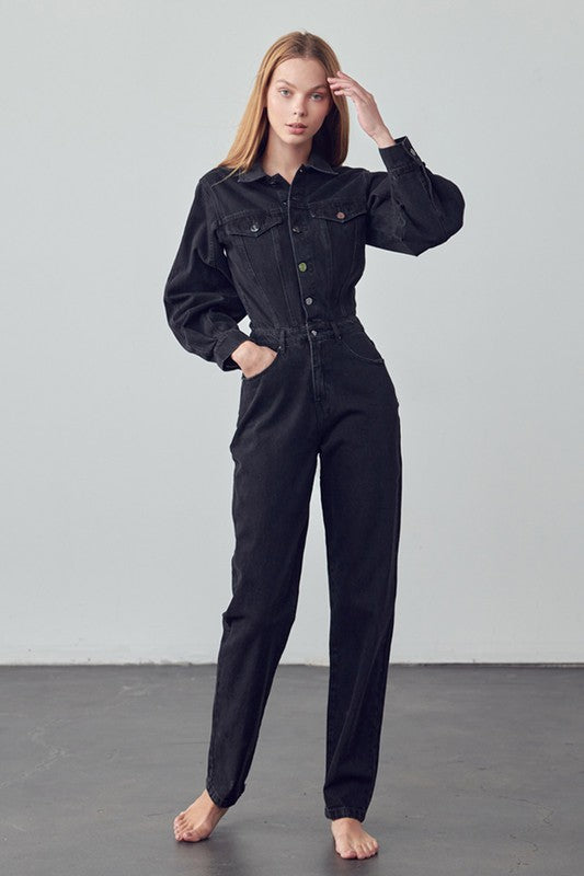 High Waist Flap Pocket Half Button Denim Jumpsuit-Denim Lab USA-[option4]-[option5]-[option6]-[option7]-[option8]-Shop-Boutique-Clothing-for-Women-Online