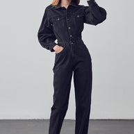 High Waist Flap Pocket Half Button Denim Jumpsuit-Denim Lab USA-[option4]-[option5]-[option6]-[option7]-[option8]-Shop-Boutique-Clothing-for-Women-Online
