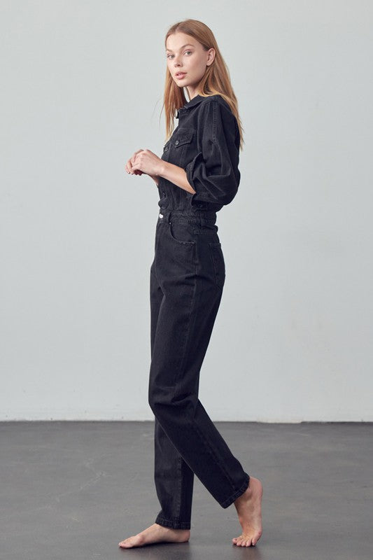 High Waist Flap Pocket Half Button Denim Jumpsuit-Denim Lab USA-[option4]-[option5]-[option6]-[option7]-[option8]-Shop-Boutique-Clothing-for-Women-Online