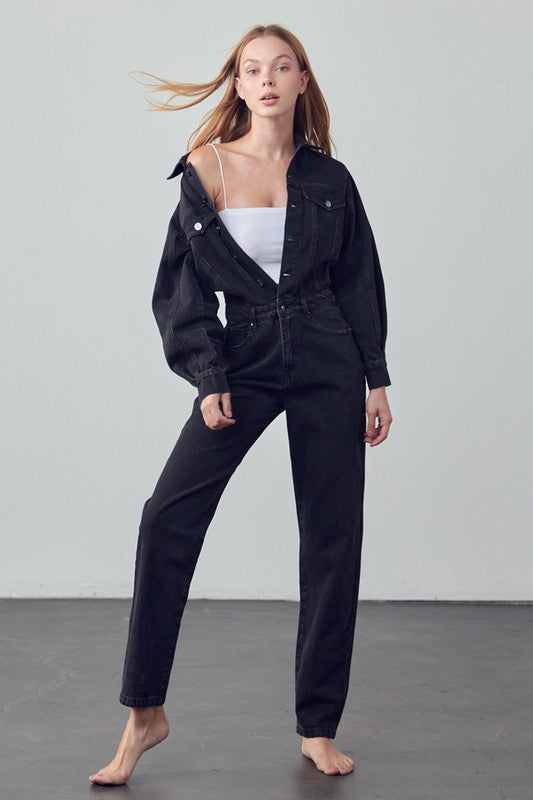 High Waist Flap Pocket Half Button Denim Jumpsuit-Denim Lab USA-[option4]-[option5]-[option6]-[option7]-[option8]-Shop-Boutique-Clothing-for-Women-Online