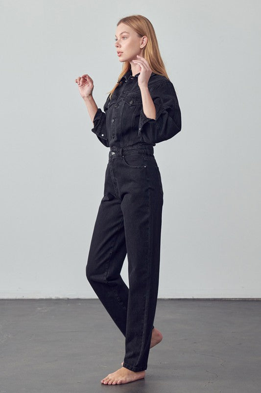 High Waist Flap Pocket Half Button Denim Jumpsuit-Denim Lab USA-[option4]-[option5]-[option6]-[option7]-[option8]-Shop-Boutique-Clothing-for-Women-Online