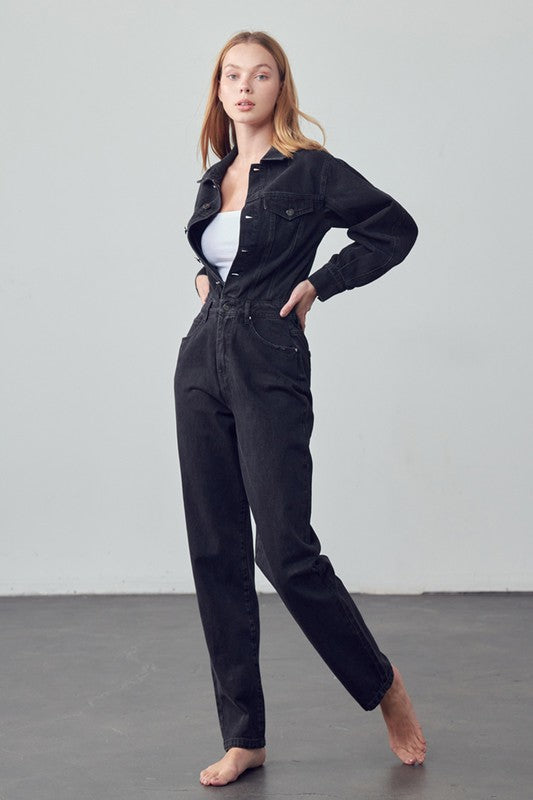 High Waist Flap Pocket Half Button Denim Jumpsuit-Denim Lab USA-[option4]-[option5]-[option6]-[option7]-[option8]-Shop-Boutique-Clothing-for-Women-Online
