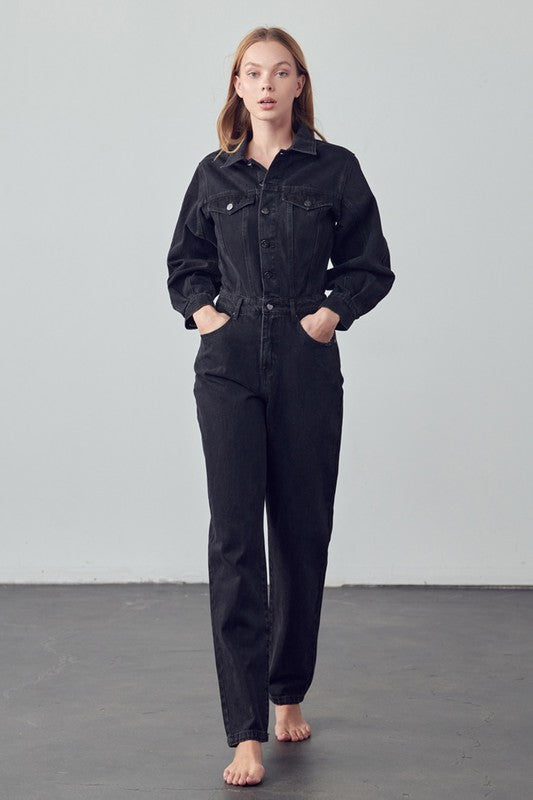 High Waist Flap Pocket Half Button Denim Jumpsuit-Denim Lab USA-[option4]-[option5]-[option6]-[option7]-[option8]-Shop-Boutique-Clothing-for-Women-Online