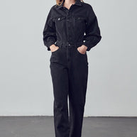 High Waist Flap Pocket Half Button Denim Jumpsuit-Denim Lab USA-[option4]-[option5]-[option6]-[option7]-[option8]-Shop-Boutique-Clothing-for-Women-Online