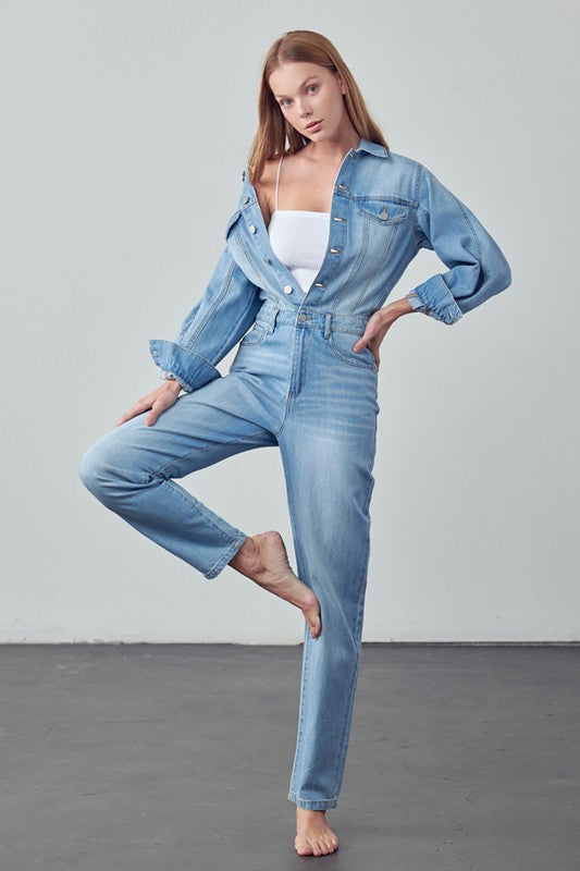 High Waist Flap Pocket Half Button Denim Jumpsuit-Denim Lab USA-[option4]-[option5]-[option6]-[option7]-[option8]-Shop-Boutique-Clothing-for-Women-Online