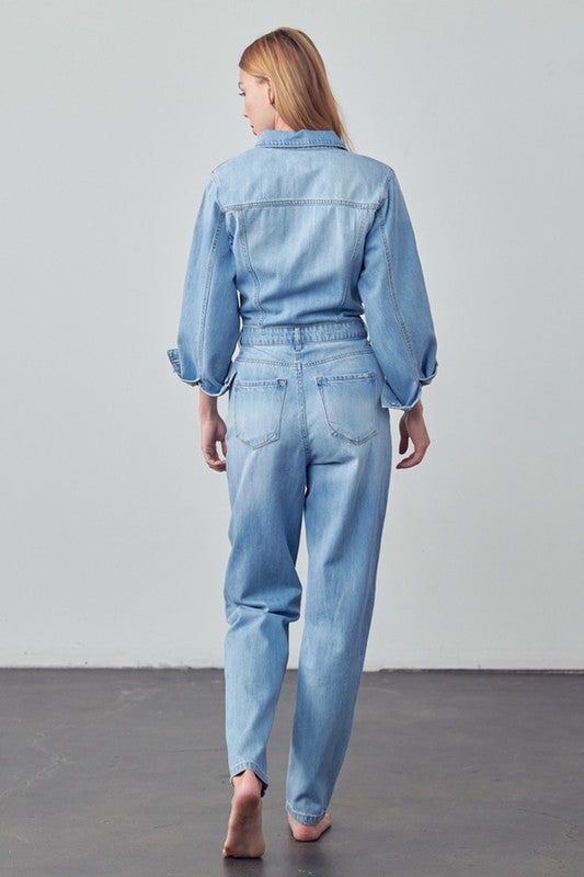 High Waist Flap Pocket Half Button Denim Jumpsuit-Denim Lab USA-[option4]-[option5]-[option6]-[option7]-[option8]-Shop-Boutique-Clothing-for-Women-Online