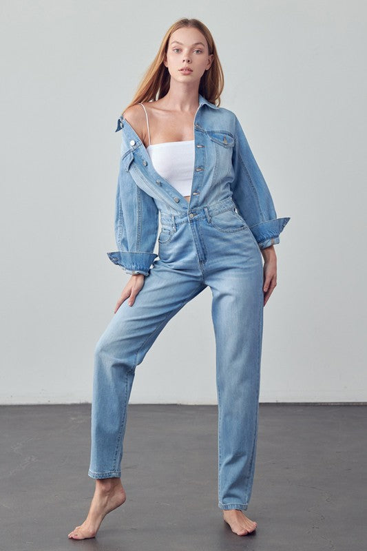 High Waist Flap Pocket Half Button Denim Jumpsuit-Denim Lab USA-[option4]-[option5]-[option6]-[option7]-[option8]-Shop-Boutique-Clothing-for-Women-Online