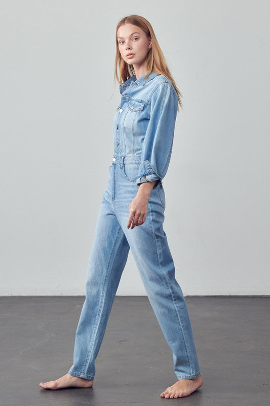 High Waist Flap Pocket Half Button Denim Jumpsuit-Denim Lab USA-[option4]-[option5]-[option6]-[option7]-[option8]-Shop-Boutique-Clothing-for-Women-Online