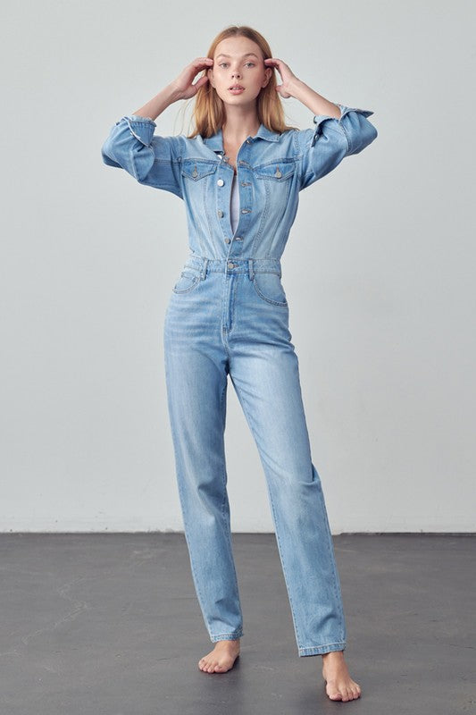High Waist Flap Pocket Half Button Denim Jumpsuit-Denim Lab USA-[option4]-[option5]-[option6]-[option7]-[option8]-Shop-Boutique-Clothing-for-Women-Online