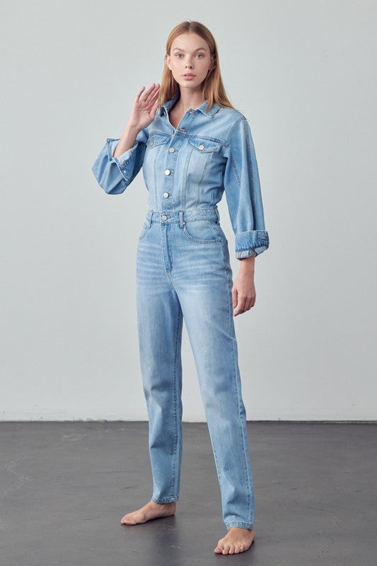 High Waist Flap Pocket Half Button Denim Jumpsuit-Denim Lab USA-[option4]-[option5]-[option6]-[option7]-[option8]-Shop-Boutique-Clothing-for-Women-Online