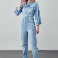 High Waist Flap Pocket Half Button Denim Jumpsuit-Denim Lab USA-[option4]-[option5]-[option6]-[option7]-[option8]-Shop-Boutique-Clothing-for-Women-Online