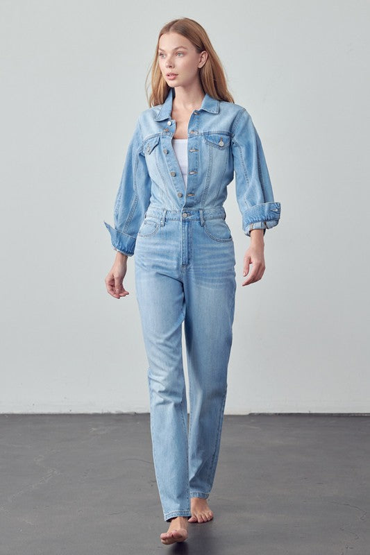 High Waist Flap Pocket Half Button Denim Jumpsuit-Denim Lab USA-[option4]-[option5]-[option6]-[option7]-[option8]-Shop-Boutique-Clothing-for-Women-Online