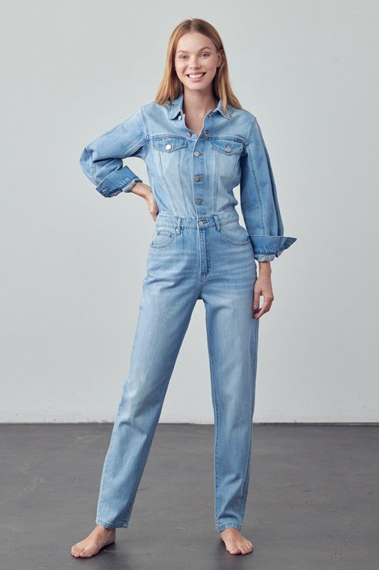 High Waist Flap Pocket Half Button Denim Jumpsuit-Denim Lab USA-[option4]-[option5]-[option6]-[option7]-[option8]-Shop-Boutique-Clothing-for-Women-Online