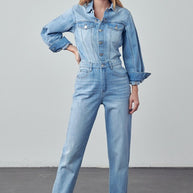 High Waist Flap Pocket Half Button Denim Jumpsuit-Denim Lab USA-[option4]-[option5]-[option6]-[option7]-[option8]-Shop-Boutique-Clothing-for-Women-Online