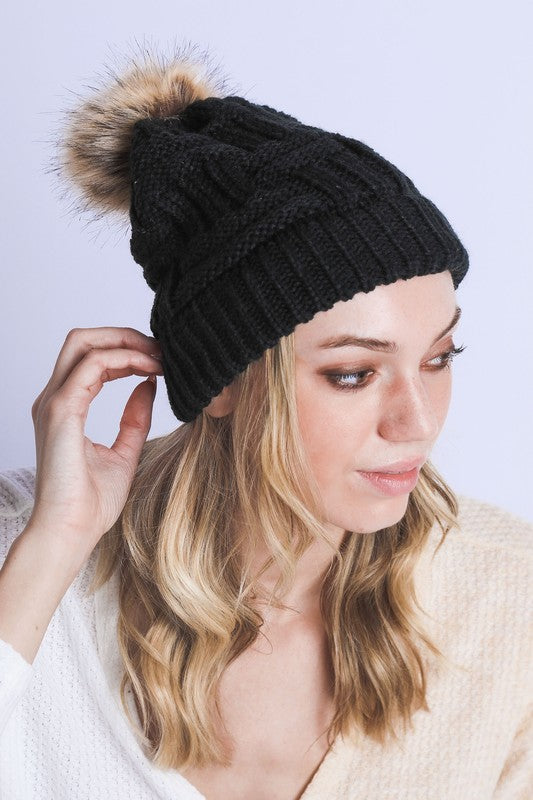 Braided Knitted Fur Pom Pom Beanie-Bella Chic-BKTA-Os-[option4]-[option5]-[option6]-[option7]-[option8]-Shop-Boutique-Clothing-for-Women-Online