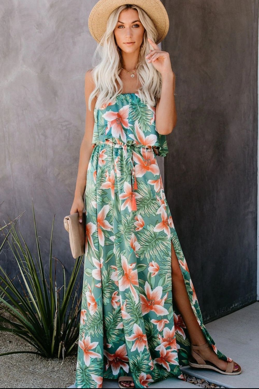 Slit Tropical Sleeveless Tube Dress-Trendsi-Floral-S-[option4]-[option5]-[option6]-[option7]-[option8]-Shop-Boutique-Clothing-for-Women-Online