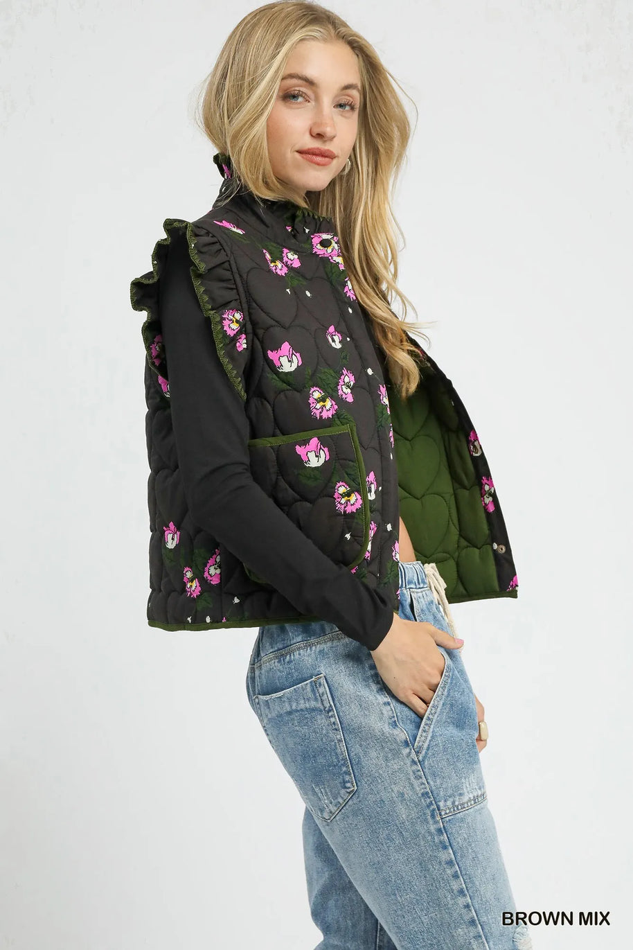 Umgee Ruffled Quilted Floral Snap Down Vest-Vest-Trendsi-[option4]-[option5]-[option6]-[option7]-[option8]-Shop-Boutique-Clothing-for-Women-Online