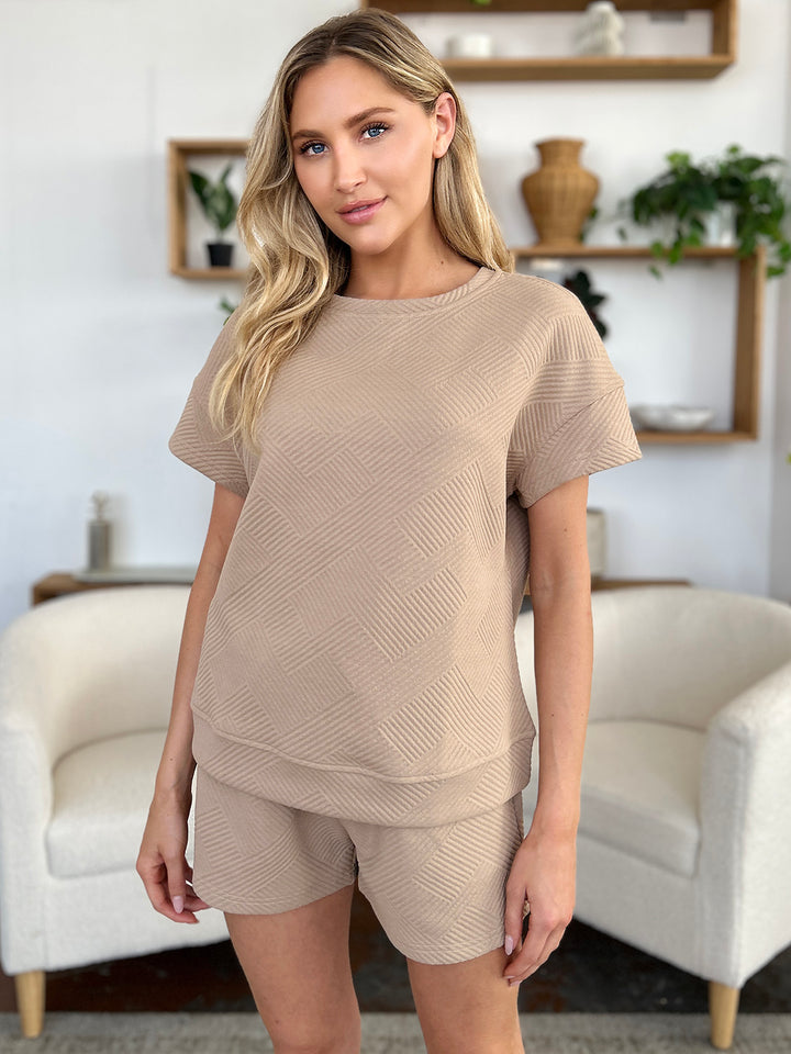 Double Take Texture Short Sleeve T-Shirt and Drawstring Shorts Set-Trendsi-[option4]-[option5]-[option6]-[option7]-[option8]-Shop-Boutique-Clothing-for-Women-Online