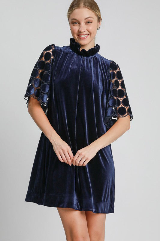 Umgee Dotted Lace Half Sleeve Mock Neck Back Tie Velvet Dress-Trendsi-Navy-S-[option4]-[option5]-[option6]-[option7]-[option8]-Shop-Boutique-Clothing-for-Women-Online