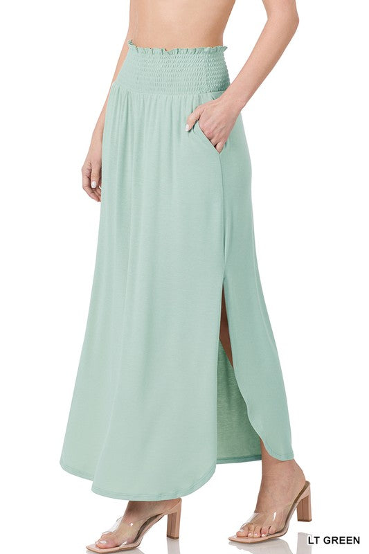 Zenana Smocked Waist Side Slit Maxi Skirt-ZENANA-[option4]-[option5]-[option6]-[option7]-[option8]-Shop-Boutique-Clothing-for-Women-Online