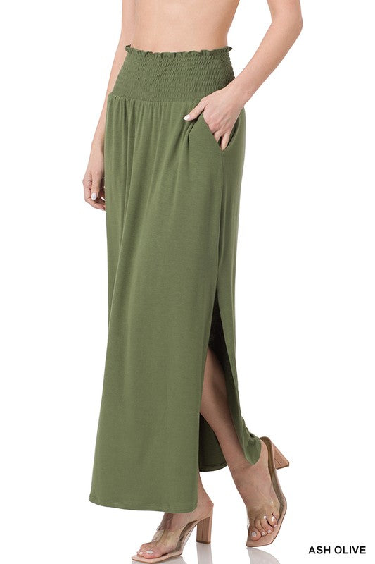 Zenana Smocked Waist Side Slit Maxi Skirt-ZENANA-[option4]-[option5]-[option6]-[option7]-[option8]-Shop-Boutique-Clothing-for-Women-Online