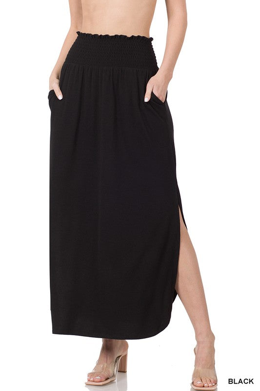 Zenana Smocked Waist Side Slit Maxi Skirt-ZENANA-[option4]-[option5]-[option6]-[option7]-[option8]-Shop-Boutique-Clothing-for-Women-Online